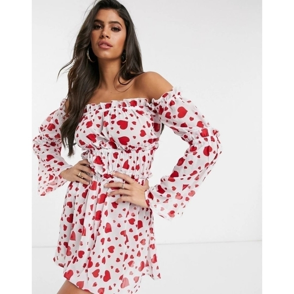 ASOS South Beach Heart Print Off The Shoulder Mini Dress NWT - Picture 1 of 13